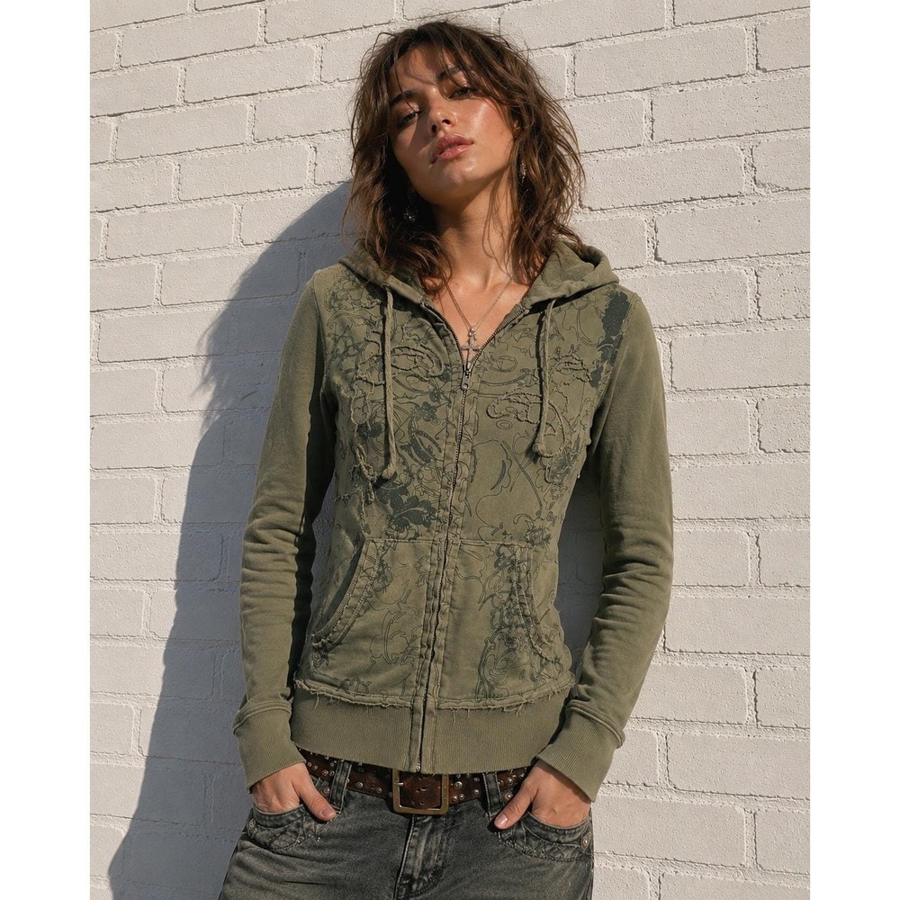 Vintage BCBG Green Cotton Zip Hoodie Graphic Y2K Fairy Grunge Size L